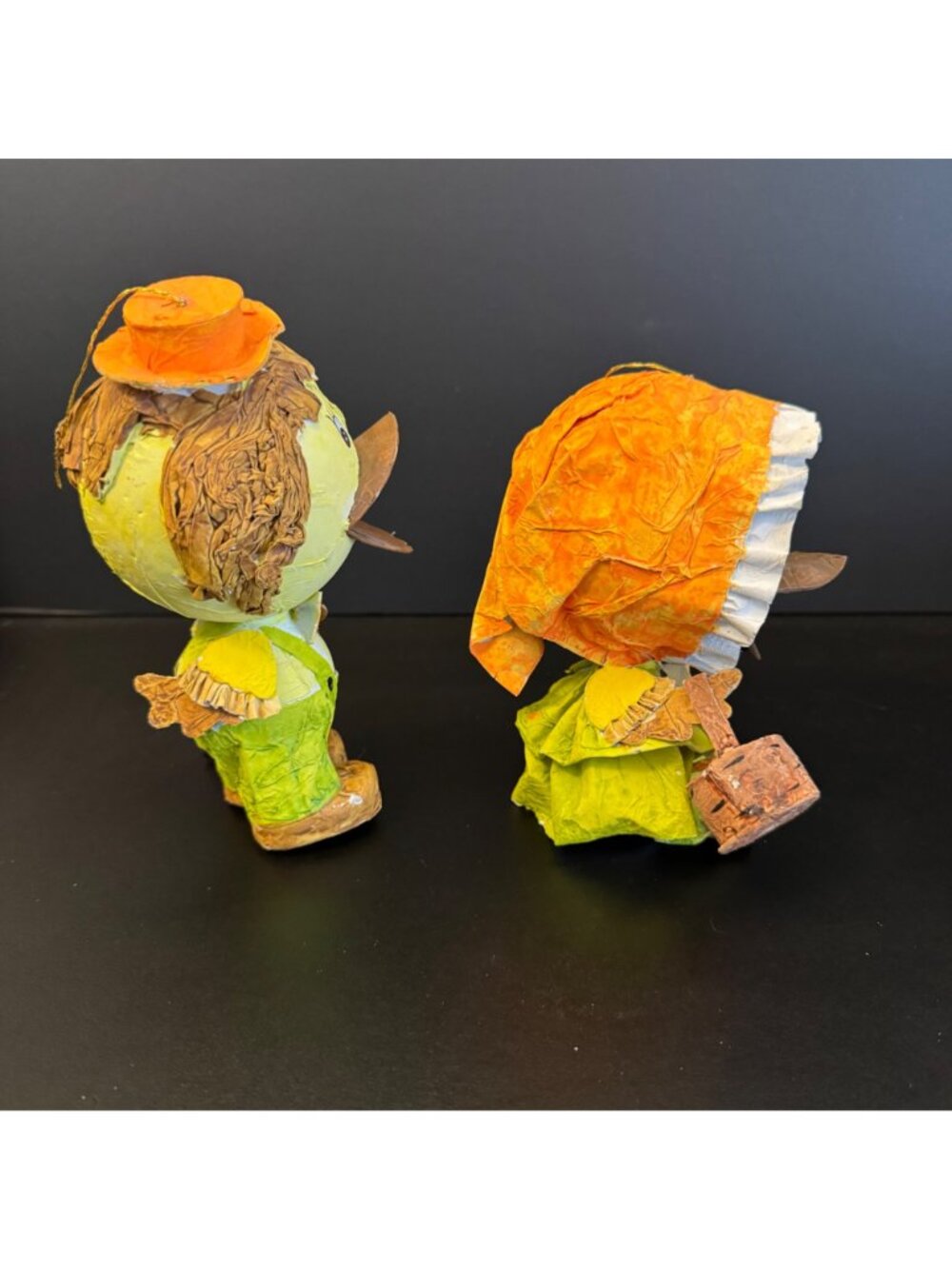 Vintage Handmade Papier-Mâché Duck Figurines Boy & Girl Set Rustic Yellow & Oran - Picture 2 of 16